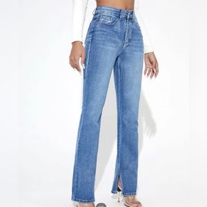 Slit Hem Straight Leg Denim Jeans